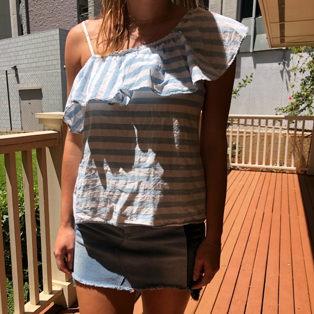 Blue white one shoulder top - Picture 1 of 3